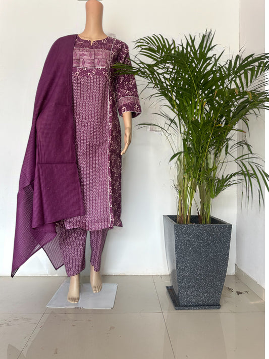 Purple cotton printed kurti set