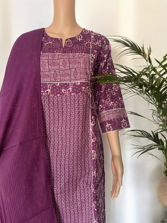 Purple cotton printed kurti set