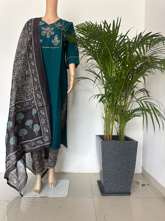 Green appliqué work solid straight Kurti set