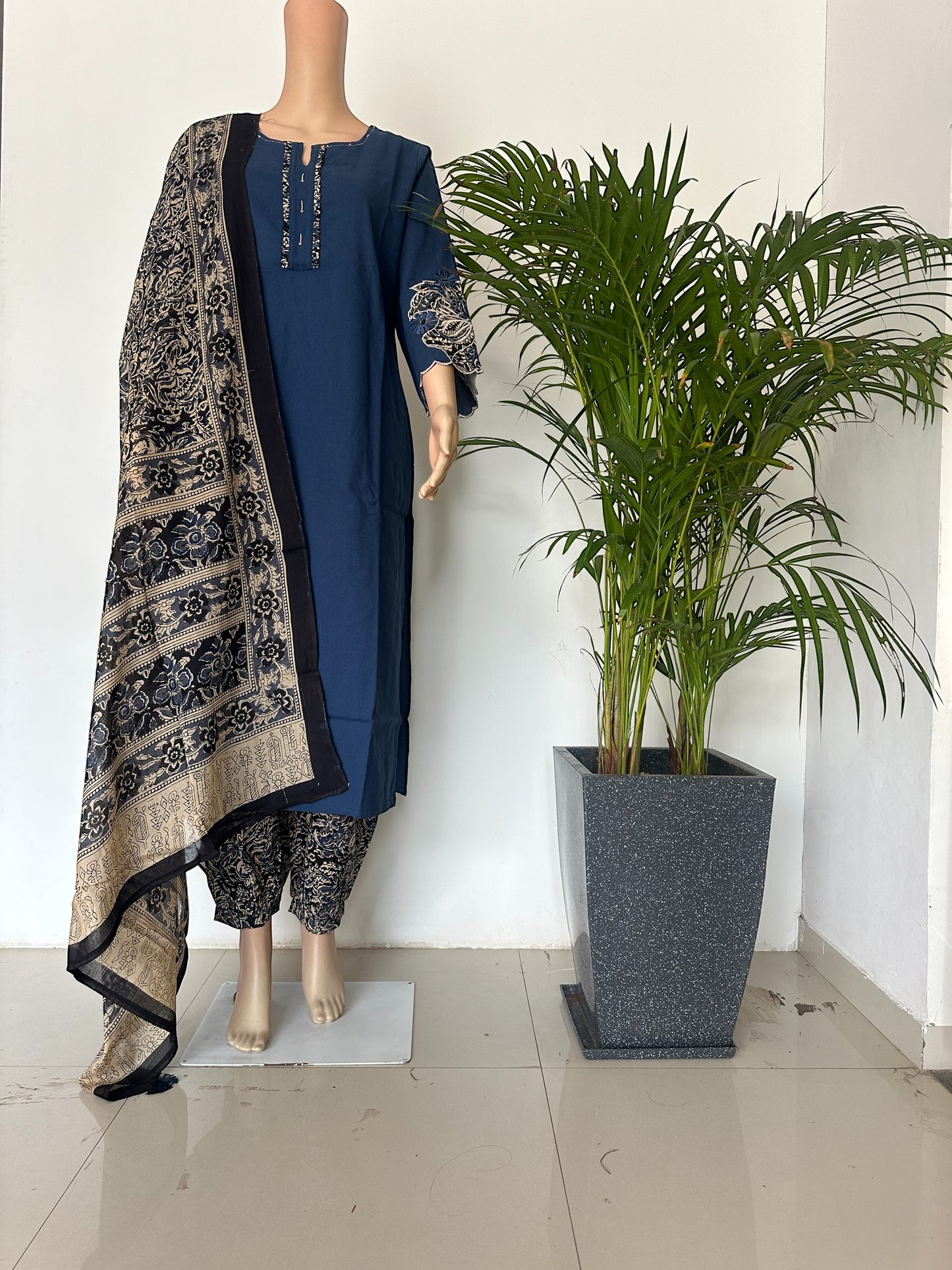 Blue appliqué work solid straight Kurti set