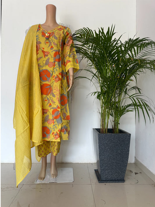 Yellowprinted straight Kurti set