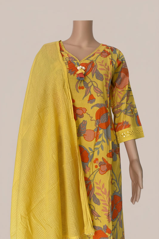 Yellowprinted straight Kurti set