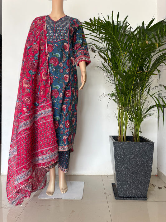 Blue& pink printed A-line Kurti set