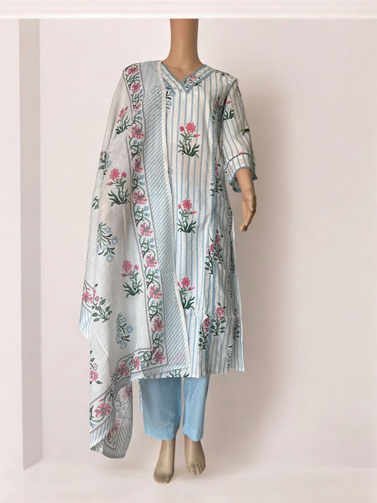Blue stripe cotton printed kurti sets