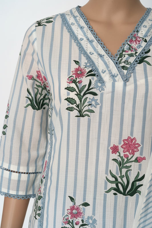 Blue stripe cotton printed kurti sets