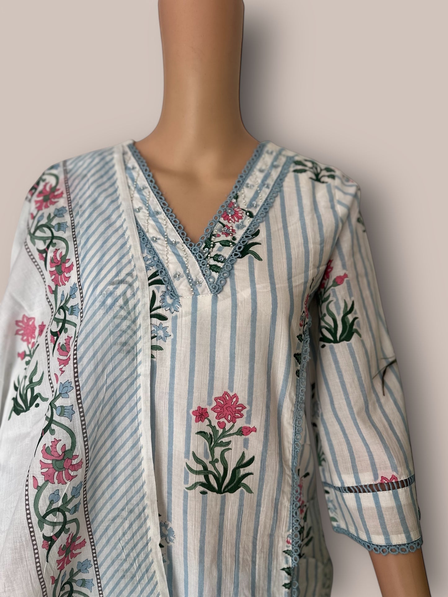 Blue stripe cotton printed kurti sets
