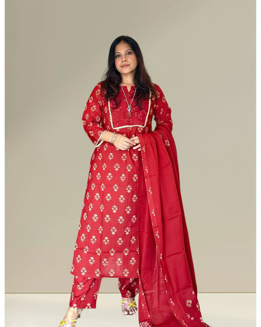 Red cotton printed kurti set