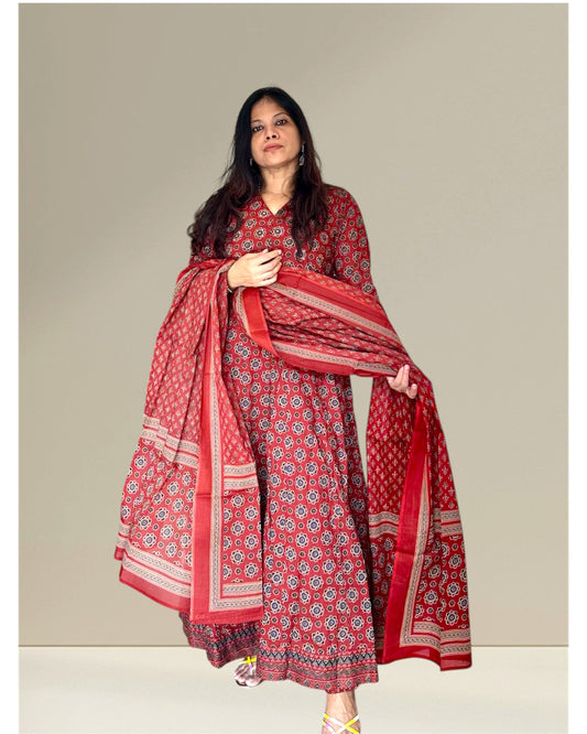 Red cotton printed Anarkali
