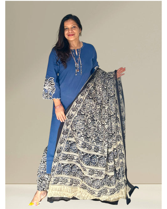 Blue cotton kurti set with appliqué work