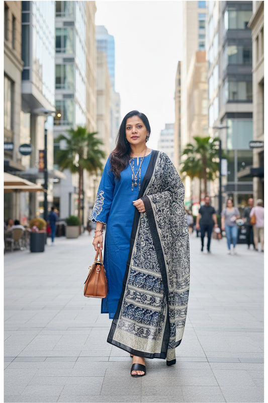 Blue cotton kurti set with appliqué work