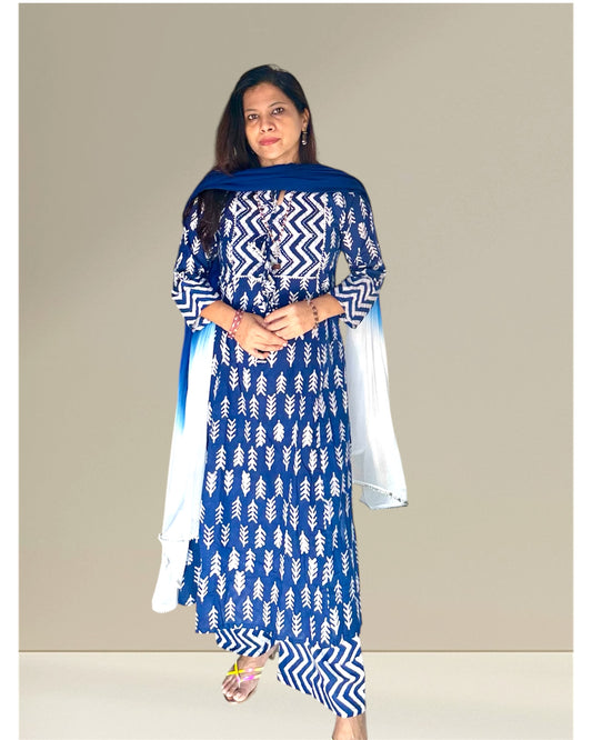 Indigo block printed kurti set