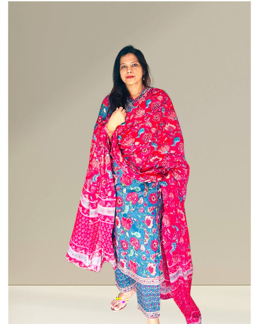 Blue and rani printed kurti set