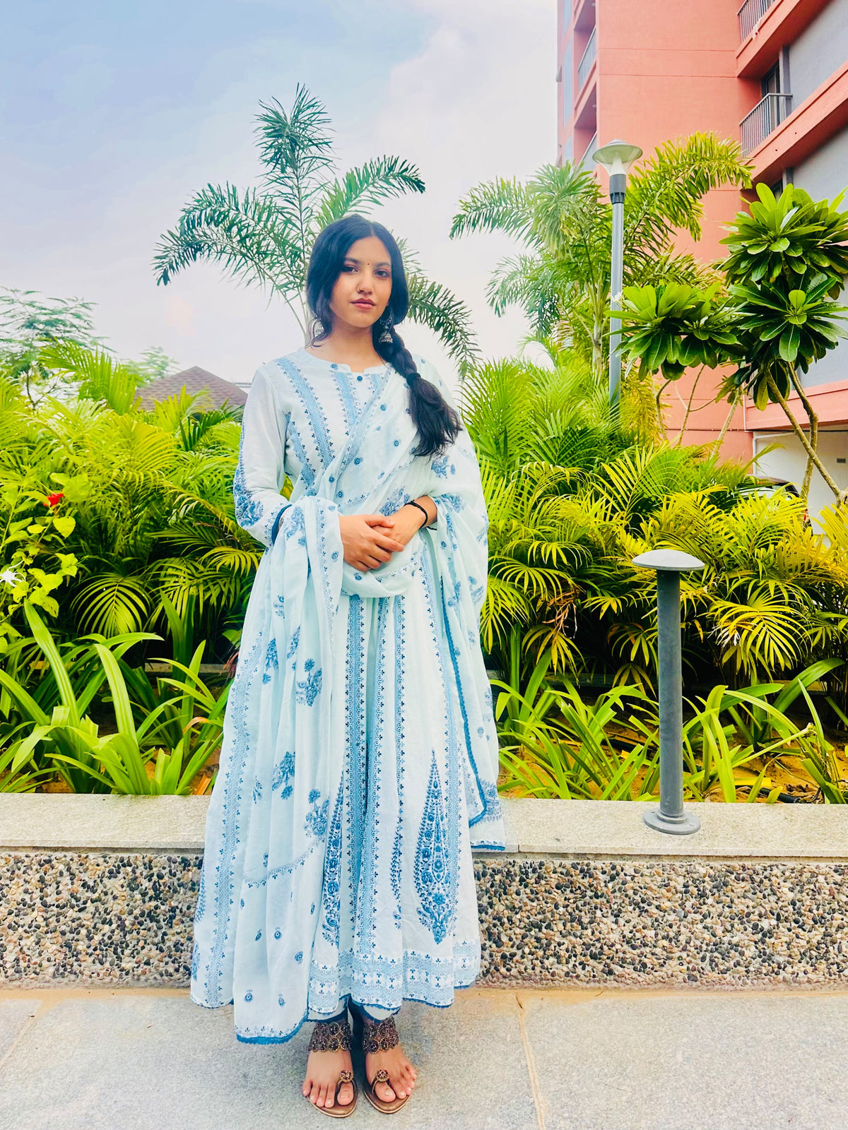 WHITE COTTON BLO0CK PRINT ANARKALI SET